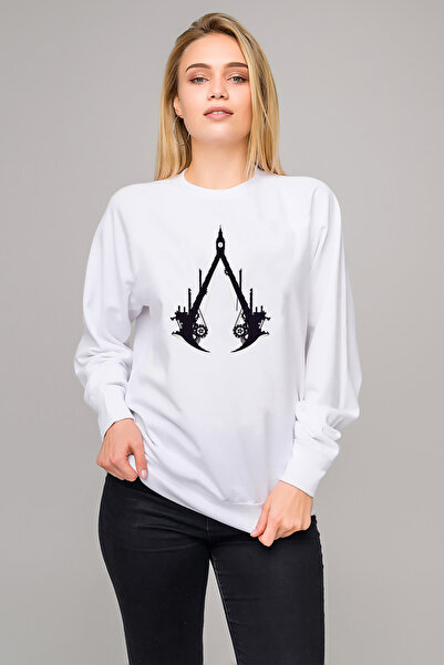QIVI Assassins Cread Printed White Women's Knitted Sweatshirt Long Sleeve