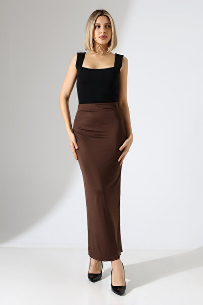 EZRAA Brown Long Stretchy Fabric Fish Cut Midi/Maxi Women's Skirt