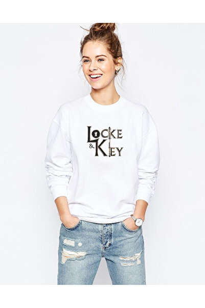 QIVI And Key All Keys Lockekey Tt Printed White Women's Knitted Sweatshirt Lo...