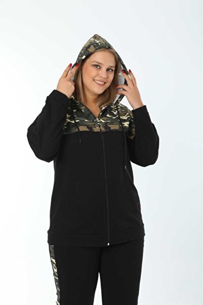 Şans Women's Plus Size Black, Camouflage Detailed Tracksuit Set 65N39244
