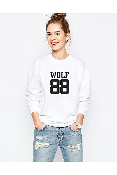 QIVI Wolf 88 Logo Printed White Women's Knitted Sweatshirt Long Sleeve