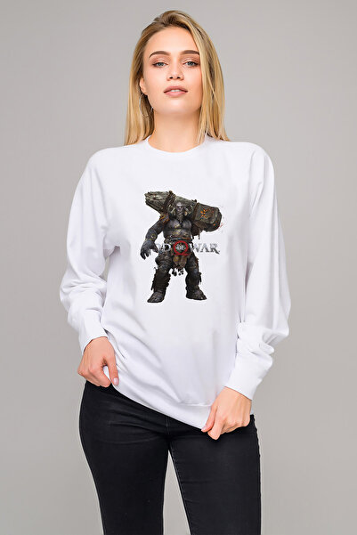 QIVI سويت شيرت God Of War Silhouette مطبوع للسيدات باللون الأبيض محبوك بأكمام...