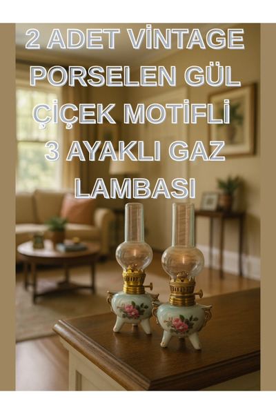 onyyapim 2 ADET VİNTAGE PORSELEN GÜL ÇİÇEK MOTİFLİ 3 AYAKLI GAZ LAMBASI