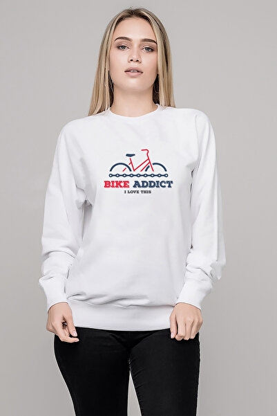 QIVI Bike Addict Printed White Women's Knitted Sweatshirt Long Sleeve