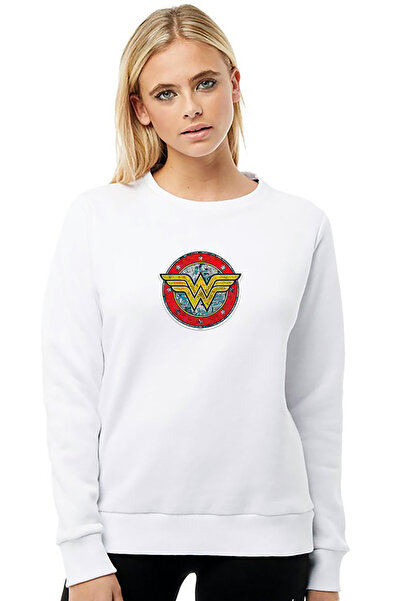 QIVI سترة وندر وومان بشعار ميتال روك ميوزيك مطبوع للسيدات باللون الأبيض محبوك...