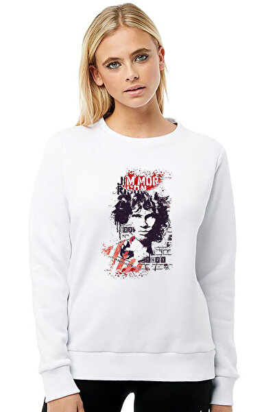 QIVI Jim Morrison Club 27 Printed White Women's Knitted Sweatshirt Long Sleeve