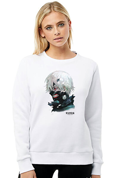 QIVI سويت شيرت أنمي طوكيو غول أنتييكو مطبوع للنساء باللون الأبيض بأكمام طويلة