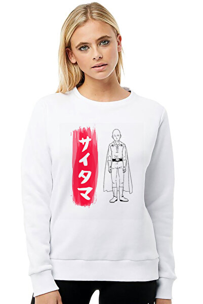 QIVI One Punch Man Printed White Women's Knitted Sweatshirt Long Sleeve