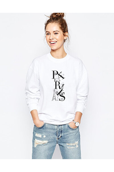 QIVI باريس إيفل تاور مطبوع سويت شيرت نسائي أبيض محبوك بأكمام طويلة