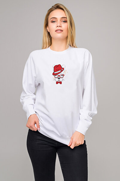 QIVI Red Hat Illustration Wearing Dog French Printed White Women's Knitted Sw...