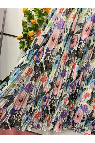 edu collection Patterned Chiffon Kiloş Bell Skirt with Lining