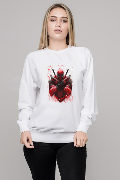 QIVI Deadpool Two Guns Printed White Women's Knitted Sweatshirt Long Sleeve