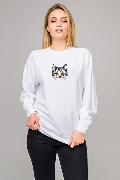QIVI Kitten Digital Illustration Cat Kitten Printed White Women's Knitted Sweatshirt Long Sleeve