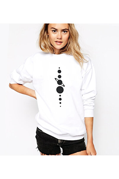 QIVI سويت شيرت سيلويت بلانيتس مطبوع نسائي أبيض محبوك بأكمام طويلة