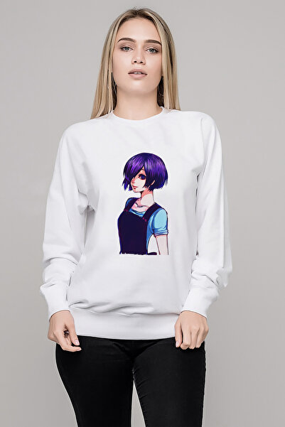 QIVI سويت شيرت أنمي طوكيو غول أنتييكو مطبوع للنساء باللون الأبيض بأكمام طويلة