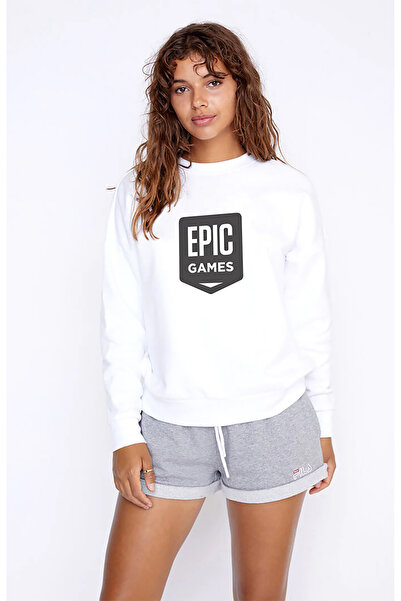QIVI Epic Games Printed White Women's Knitted Sweatshirt Long Sleeve