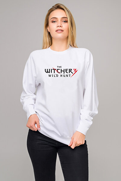 QIVI The Witcher Logo Printed White Women's Knitted Sweatshirt Long Sleeve