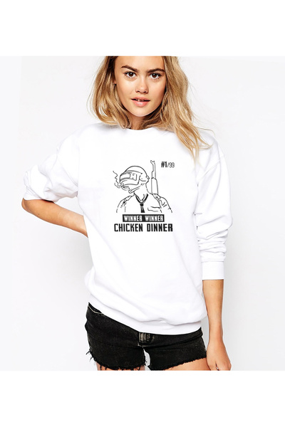 QIVI Pubg Winner Winner Smoke Printed White Women's Knitted Sweatshirt Long S...
