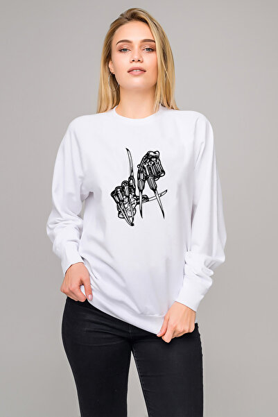 QIVI سترة فريدي كروجر لوس أنجلوس هاند مطبوع للسيدات باللون الأبيض محبوكة بأكمام طويلة