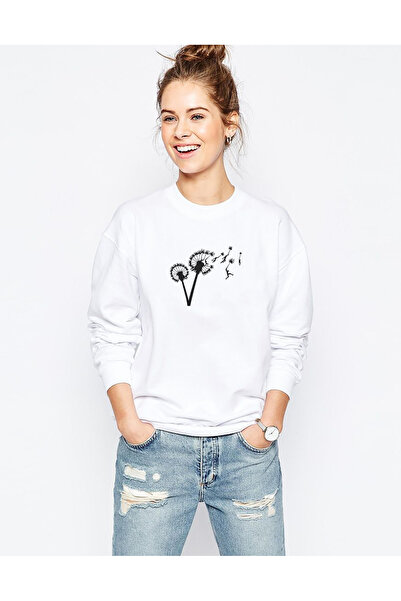 QIVI سويت شيرت سيلويت دانديليون فلايت مطبوع للسيدات باللون الأبيض بأكمام طويلة