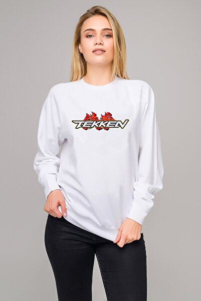 QIVI تيكين لوجو مطبوع سويت شيرت نسائي محبوك باللون الأبيض بأكمام طويلة