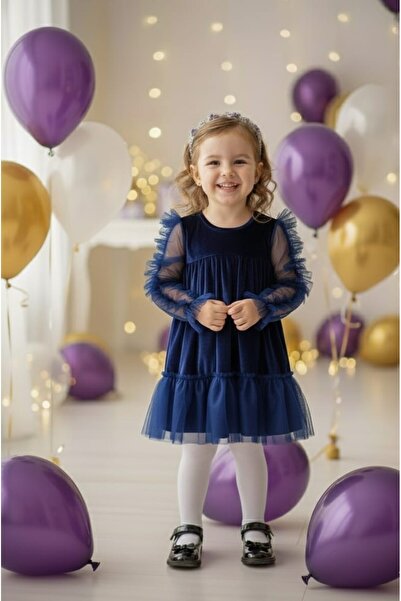 penu baby kids Μπλε βελούδινο μακρυμάνικο φόρεμα για κοριτσάκι με βολάν στα μανίκια και την άκρη της φούστας