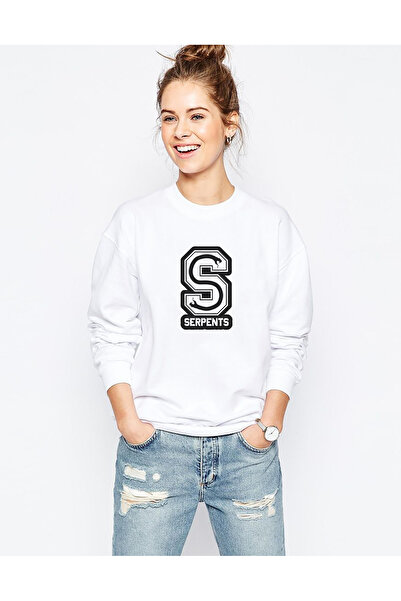 QIVI سترة ريفيرديل سيربنتس بشعار مطبوع للسيدات باللون الأبيض محبوكة بأكمام طويلة