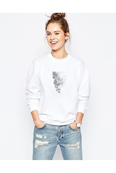 QIVI سويت شيرت ألفا بيتا أوميجا تين وولف مطبوع للسيدات باللون الأبيض بأكمام طويلة