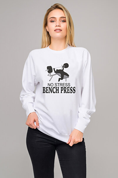 QIVI سترة No Stress Bench Press مطبوع للسيدات باللون الأبيض محبوكة بأكمام طويلة