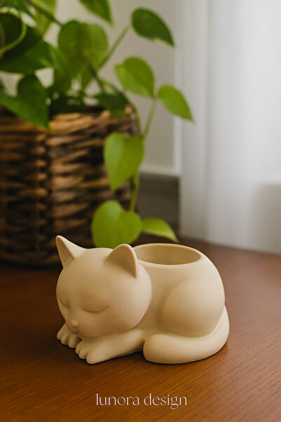 Lunora Design Taş Tozu El Yapımı Uyuyan Kedi Dekoratif Mumluk