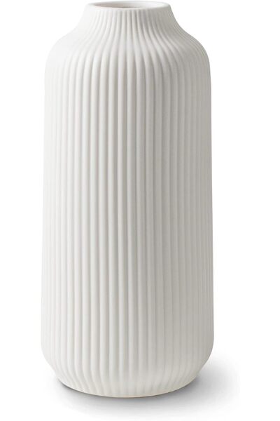 Generic Flature Ribbed Ceramic Vase - Matte White Boho Decorative Vase 21 cm