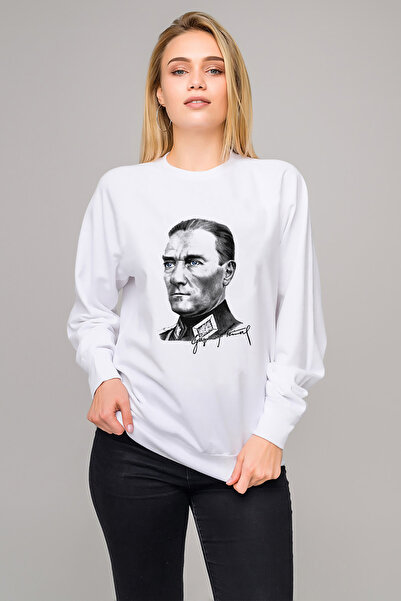 QIVI Gazi m Kemal Atatürk Portrait Printed White Women's Knitted Sweatshirt L...