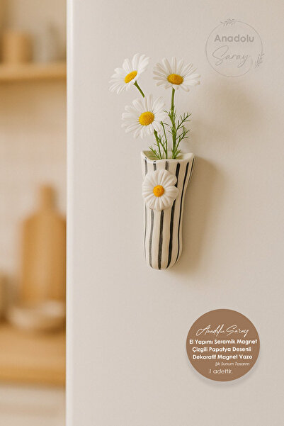 Anadolu Saray 1 ADET El Yapımı Seramik Magnet Çizgili Papatya Desenli Dekoratif Magnet Vazo