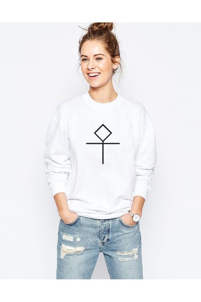QIVI Türk Boyları Eymür Printed White Women's Knitted Sweatshirt Long Sleeve