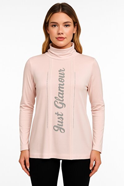 Şans Women's Plus Size Pink, Turtleneck, Front Print and Rib Stitching Detail Blouse 65N39242