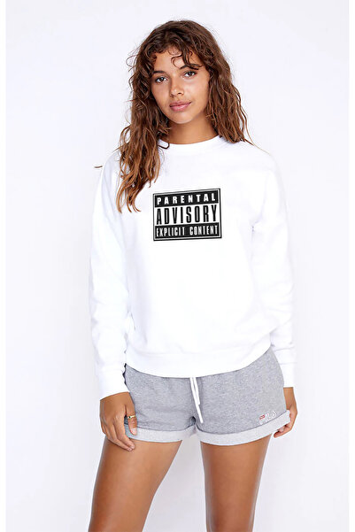 QIVI Parental Advisory Explicit Content B Printed White Women's Knitted Sweat...