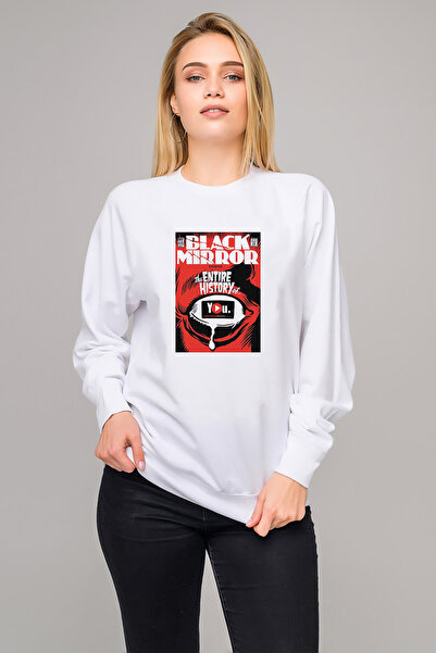 QIVI سويت شيرت نسائي محبوك بأكمام طويلة من Black Mirror Red مطبوع باللون الأبيض