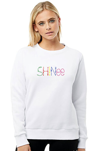 QIVI Kpop Shinee Logo Printed White Women's Knitted Sweatshirt Long Sleeve