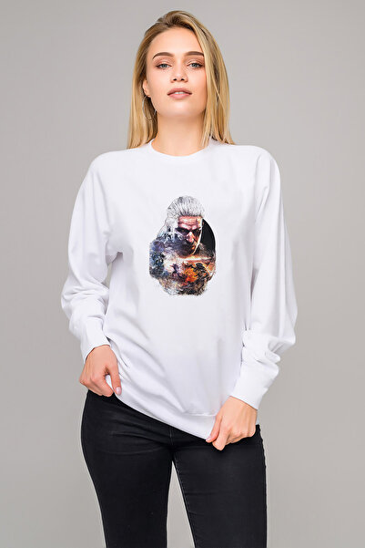 QIVI The Witcher Smartphone Printed White Women's Knitted Sweatshirt Long Sleeve