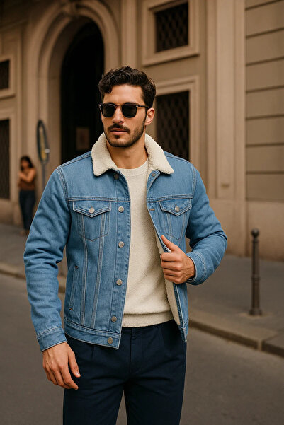 comstar Men's Winter Casual Fur Lined Classic A.Blue Denim Jacket