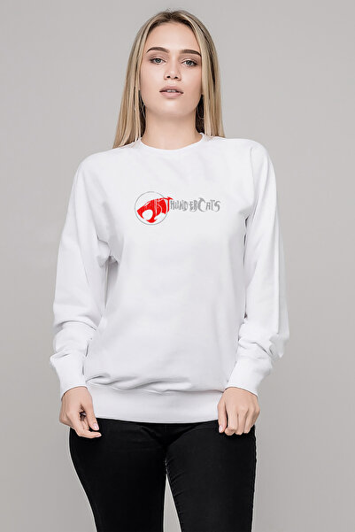 QIVI Thundercats Font Printed White Women's Knitted Sweatshirt Long Sleeve