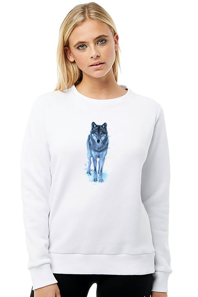 QIVI سترة وولف كورت سيبيريا كود رسم مطبوع للنساء باللون الأبيض محبوكة بأكمام ...