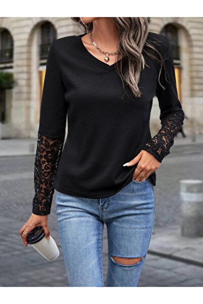 ermege Γυναικεία μπλούζα με μακρύ μανίκι με λαιμόκοψη σε σχήμα V από δαντέλα MDB