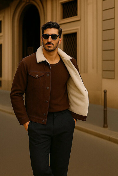 comstar Men's Winter Casual Fur Lined Classic Dark Brown Denim Jacket