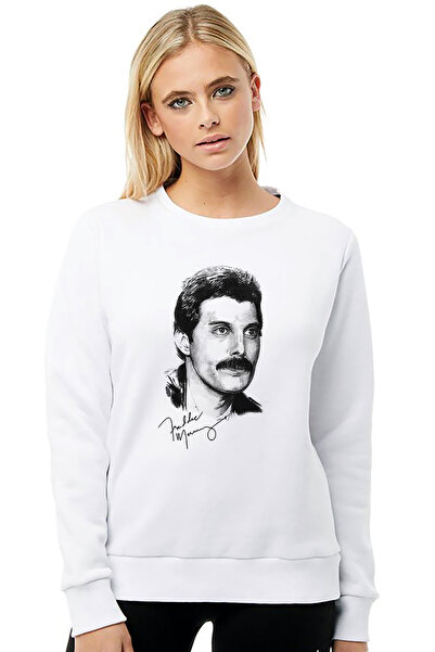 QIVI فريدي ميركوري 1 مطبوع سترة نسائية بيضاء محبوكة بأكمام طويلة