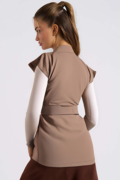 armonika Women's Mink Men's Collar Waist Belted Linen Look Vest Arm-25Y001079