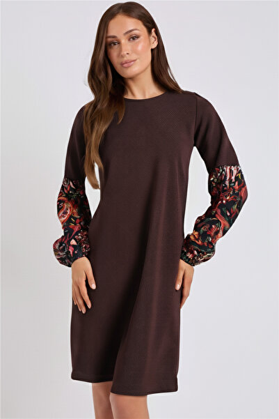 armonika Women's Brown Patterned Balloon Sleeve Dress Arm-26K001051