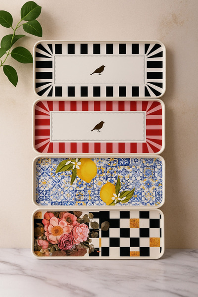 AC AMİSOS 4’lü Desenli Dikdörtgen Kahve Sunum Tepsisi Seti –Siyah, Kırmızı, Limon ve Çiçek Desenli Şık Tasarım