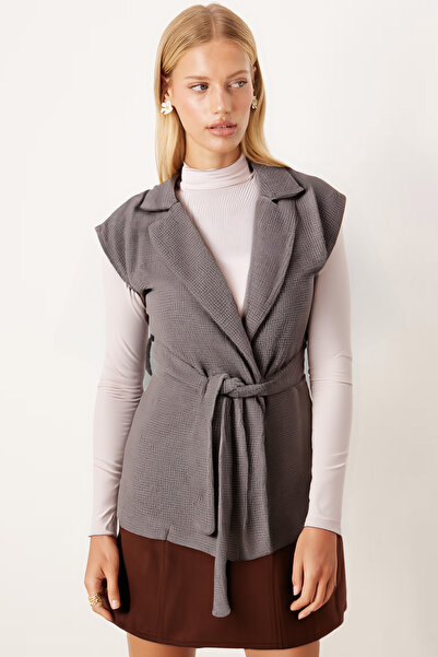 armonika Women's Mink Men's Collar Waist Belted Linen Look Vest Arm-26K001055