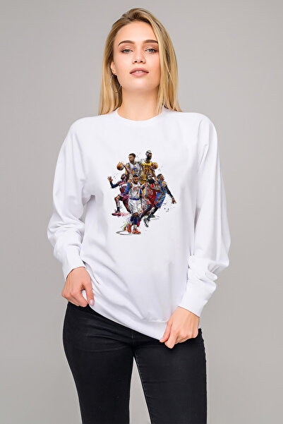 QIVI Basket Basketball Sports Printed White Women's Knitted Sweatshirt Long S...